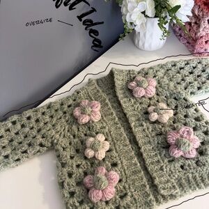 Green Crochet Sweater with Floral Accents